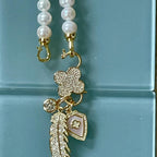 Fresh Water Pearl Necklace-CZ Flower Clasp- Micro Pave Multi Charm Necklace-Fold Over Snap Clasps-16ins-18ins-20ins-Gift For Her