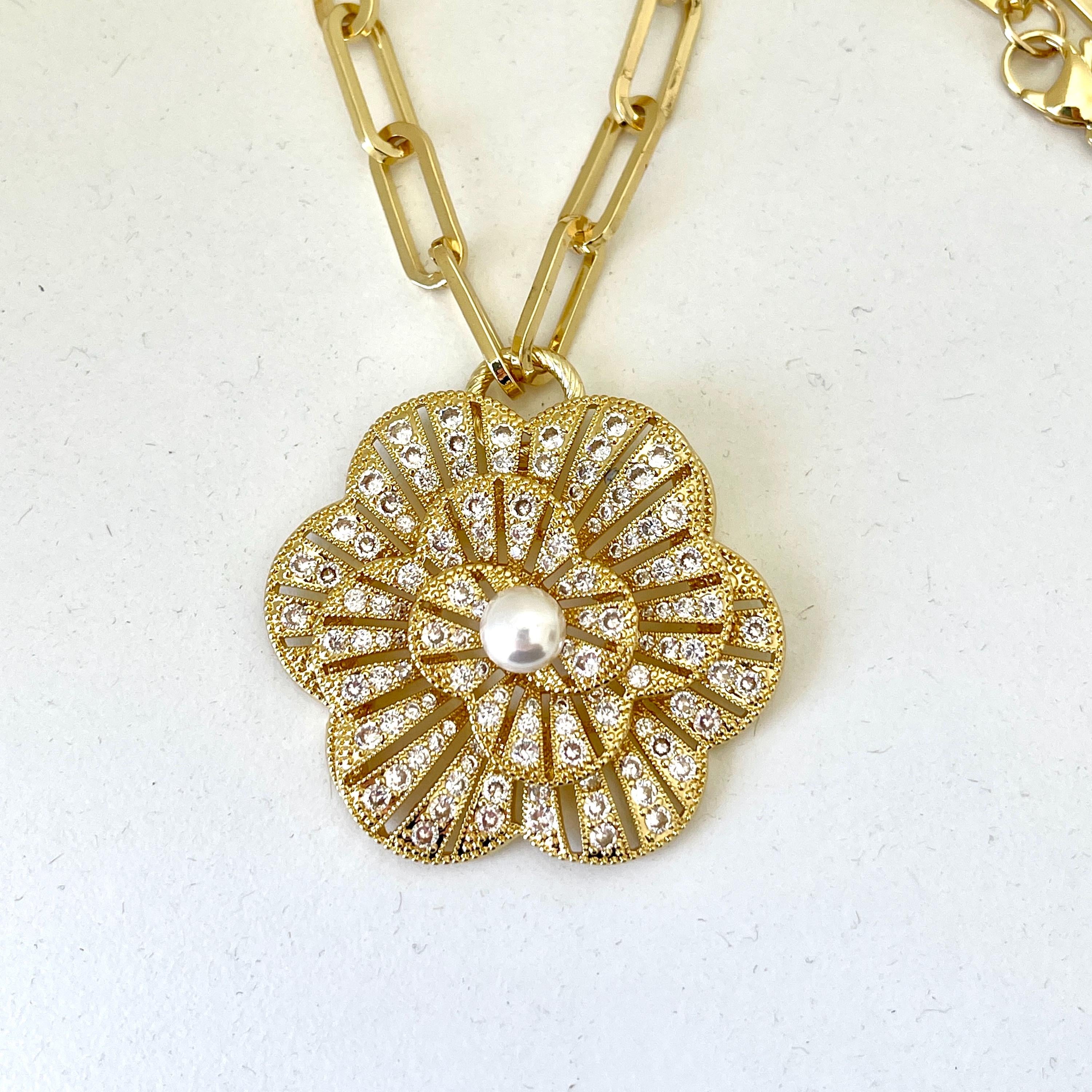 Gold CZ 3D Flower Pendant- Paperclip Chain Necklace-Large Micro Pave Pearl Pendant- Lobster Clasp