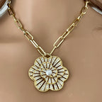 Gold CZ 3D Flower Pendant- Paperclip Chain Necklace-Large Micro Pave Pearl Pendant- Lobster Clasp