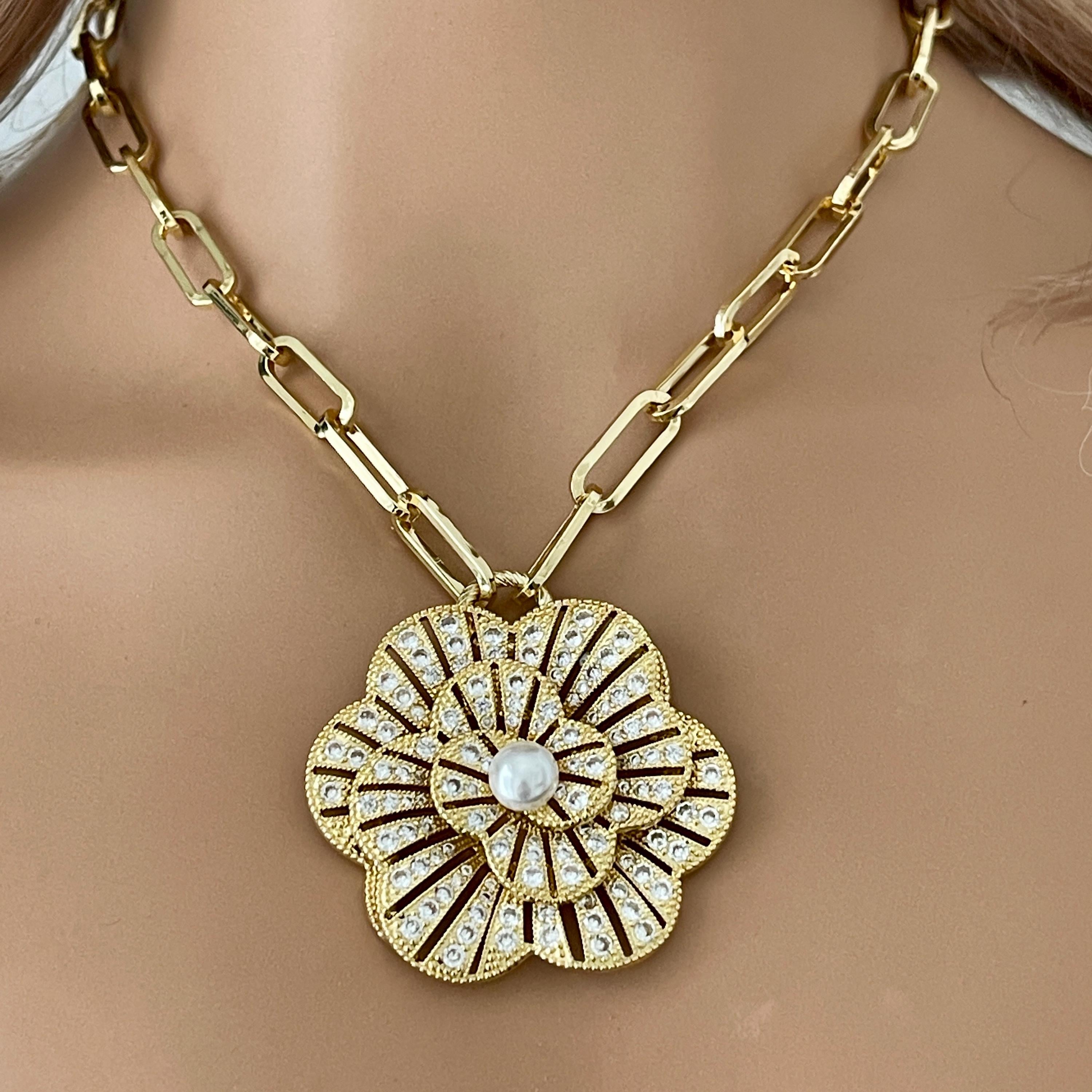 Gold CZ 3D Flower Pendant- Paperclip Chain Necklace-Large Micro Pave Pearl Pendant- Lobster Clasp