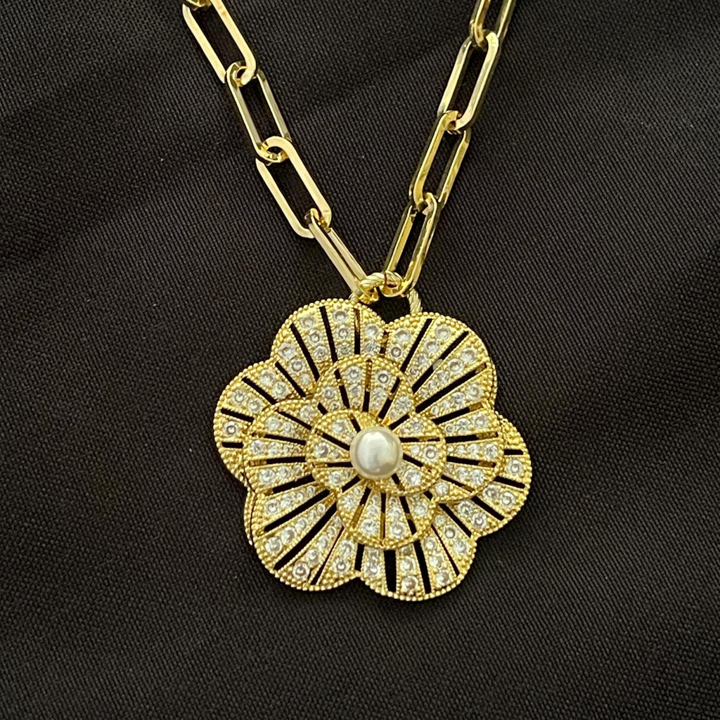 Gold CZ 3D Flower Pendant- Paperclip Chain Necklace-Large Micro Pave Pearl Pendant- Lobster Clasp