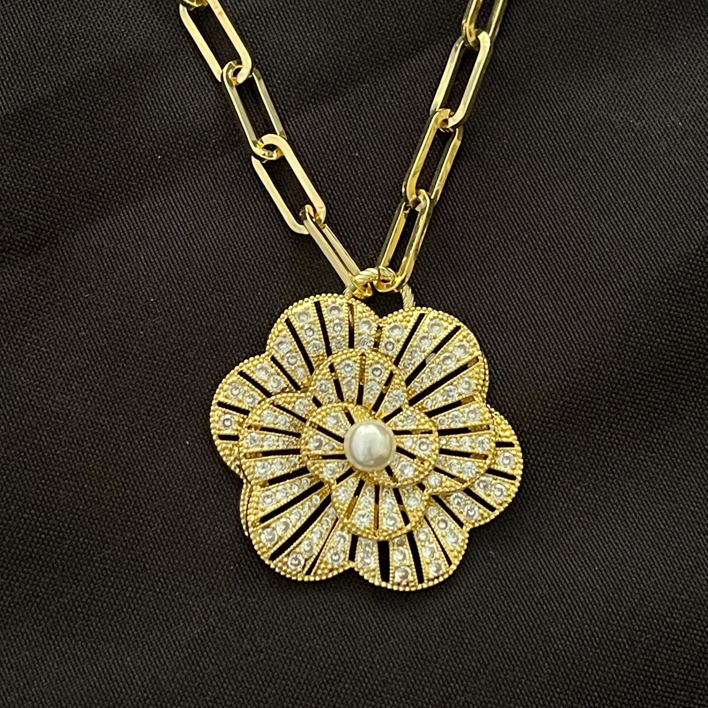 Gold CZ 3D Flower Pendant- Paperclip Chain Necklace-Large Micro Pave Pearl Pendant- Lobster Clasp