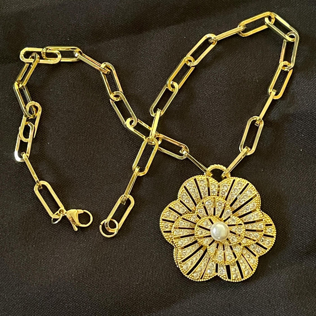 Gold CZ 3D Flower Pendant- Paperclip Chain Necklace-Large Micro Pave Pearl Pendant- Lobster Clasp