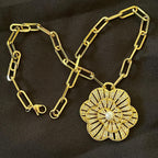 Gold CZ 3D Flower Pendant- Paperclip Chain Necklace-Large Micro Pave Pearl Pendant- Lobster Clasp
