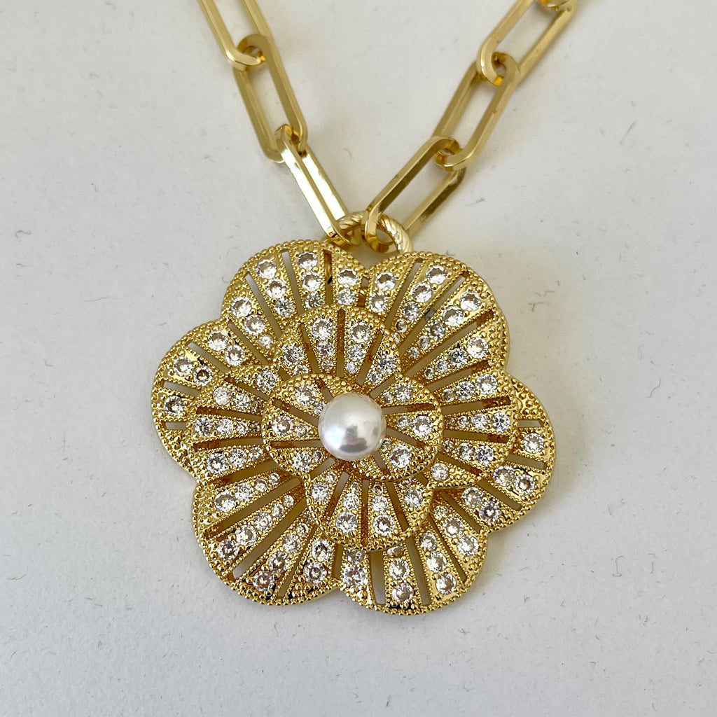 Gold CZ 3D Flower Pendant- Paperclip Chain Necklace-Large Micro Pave Pearl Pendant- Lobster Clasp