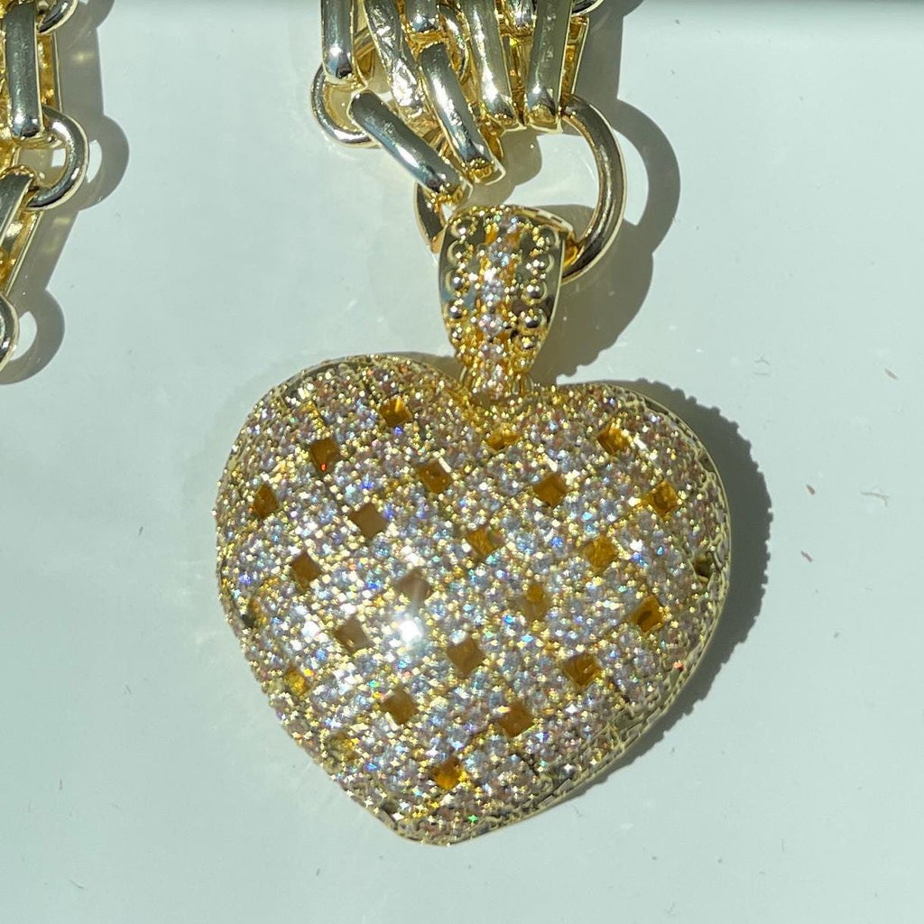 Gold Chunky Multilink Chain Necklace-Trellis Design Heart Pendant-Micro Pave Pendant-Gold Textured Chain Necklace-Lobster Clasp-Gift For Her