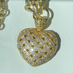 Gold Chunky Multilink Chain Necklace-Trellis Design Heart Pendant-Micro Pave Pendant-Gold Textured Chain Necklace-Lobster Clasp-Gift For Her