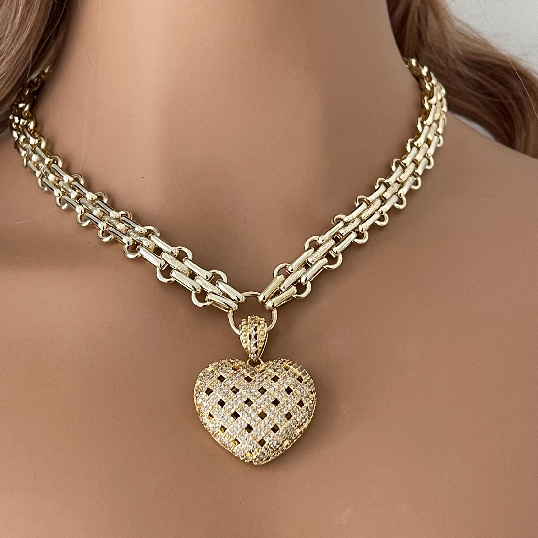 Gold Chunky Multilink Chain Necklace-Trellis Design Heart Pendant-Micro Pave Pendant-Gold Textured Chain Necklace-Lobster Clasp-Gift For Her