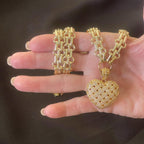 Gold Chunky Multilink Chain Necklace-Trellis Design Heart Pendant-Micro Pave Pendant-Gold Textured Chain Necklace-Lobster Clasp-Gift For Her