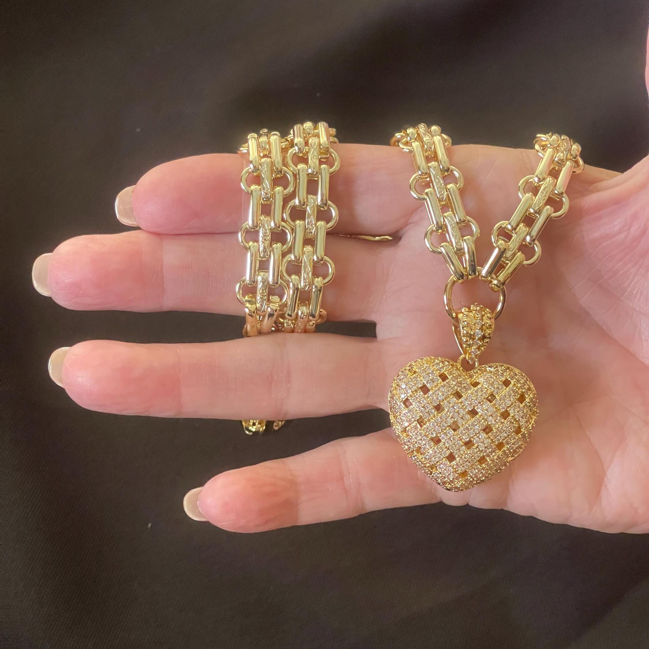 Gold Chunky Multilink Chain Necklace-Trellis Design Heart Pendant-Micro Pave Pendant-Gold Textured Chain Necklace-Lobster Clasp-Gift For Her