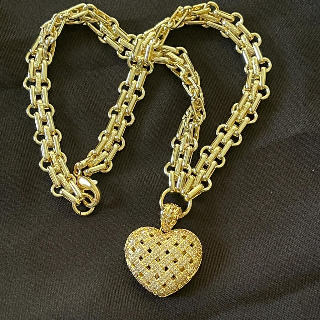 Gold Chunky Multilink Chain Necklace-Trellis Design Heart Pendant-Micro Pave Pendant-Gold Textured Chain Necklace-Lobster Clasp-Gift For Her