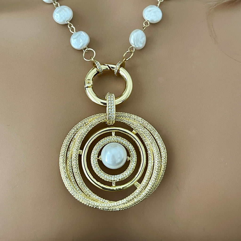 Gold Pearl Necklace-Large Gold Micro Pave Pendant- Pearl Center-Glass Coin Shape Pearl Chain-Spring Lock Clasp-Gift For Her-Wedding Jewelry