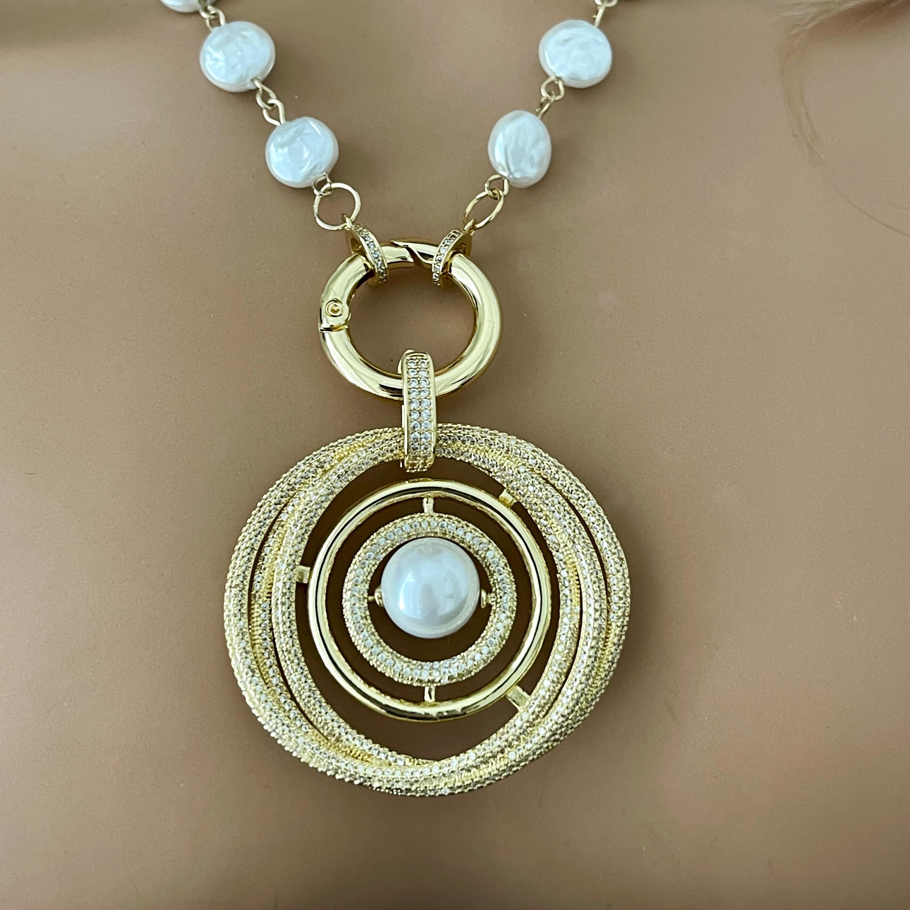 Gold Pearl Necklace-Large Gold Micro Pave Pendant- Pearl Center-Glass Coin Shape Pearl Chain-Spring Lock Clasp-Gift For Her-Wedding Jewelry