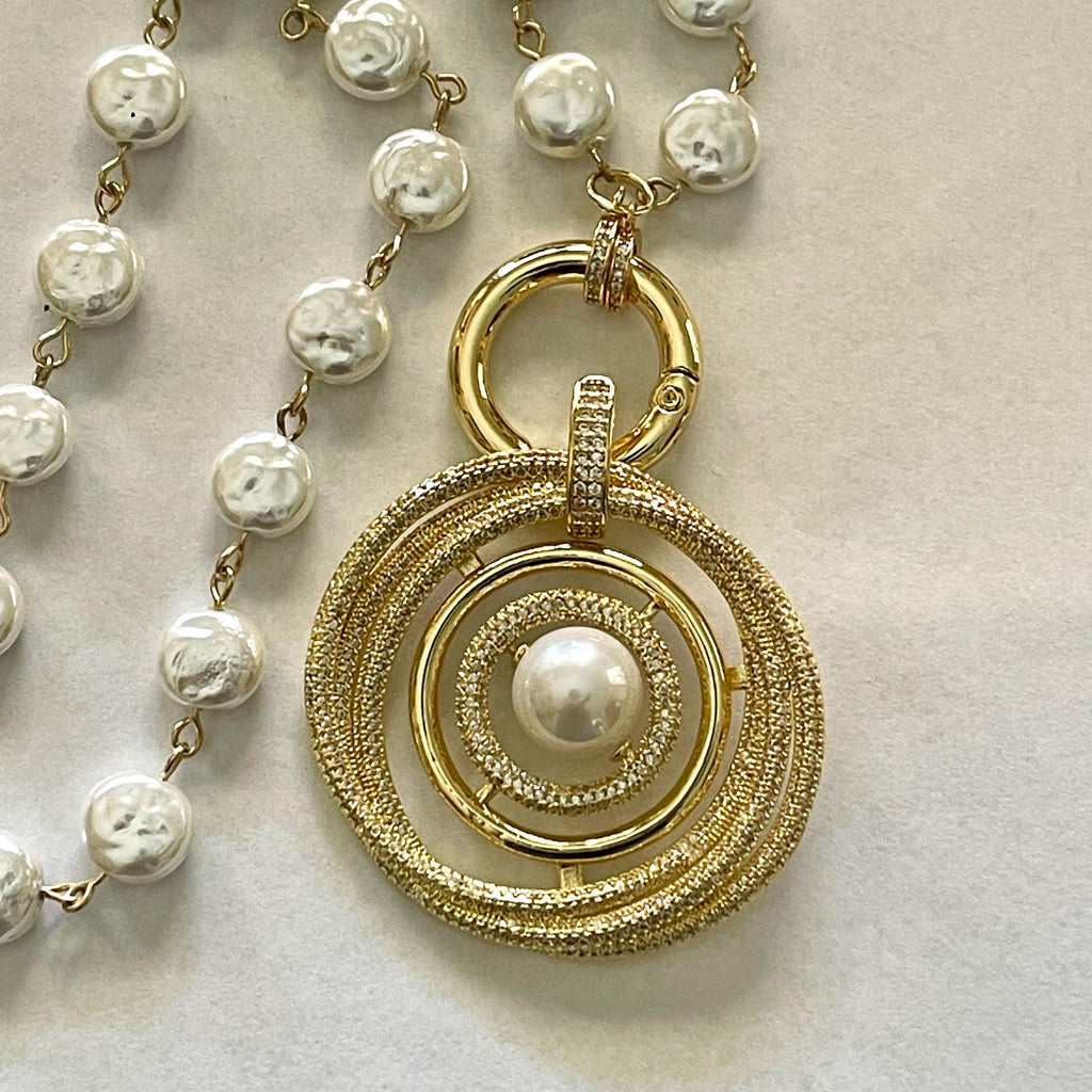 Gold Pearl Necklace-Large Gold Micro Pave Pendant- Pearl Center-Glass Coin Shape Pearl Chain-Spring Lock Clasp-Gift For Her-Wedding Jewelry
