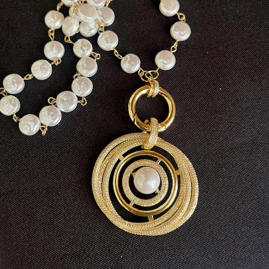 Gold Pearl Necklace-Large Gold Micro Pave Pendant- Pearl Center-Glass Coin Shape Pearl Chain-Spring Lock Clasp-Gift For Her-Wedding Jewelry