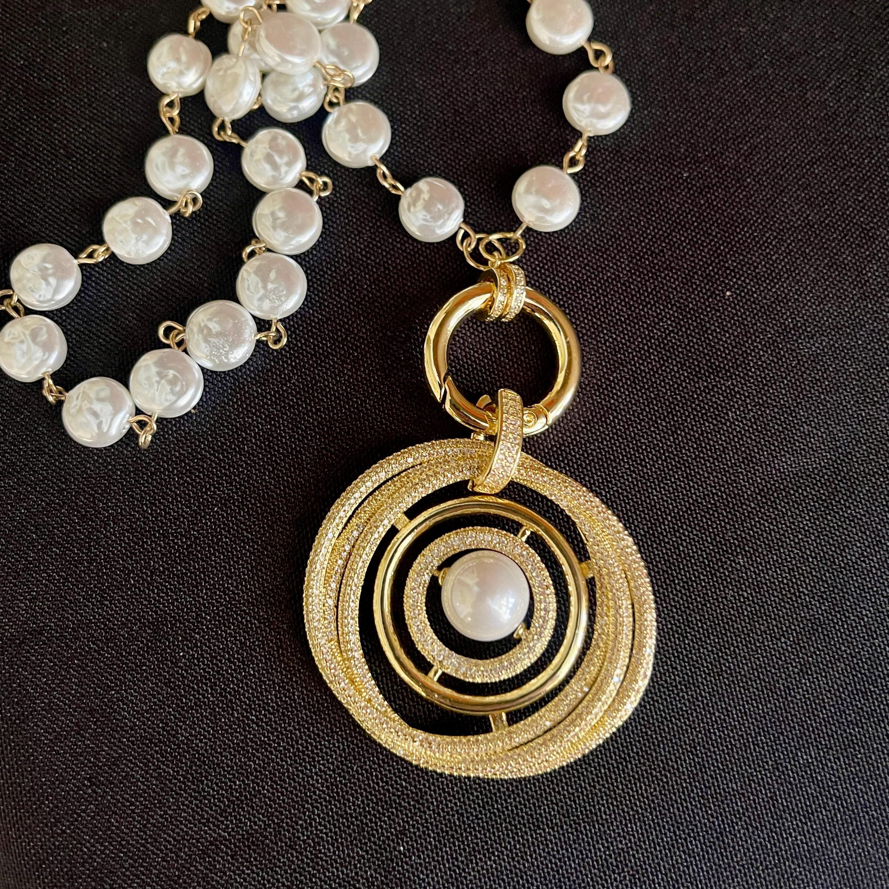 Gold Pearl Necklace-Large Gold Micro Pave Pendant- Pearl Center-Glass Coin Shape Pearl Chain-Spring Lock Clasp-Gift For Her-Wedding Jewelry