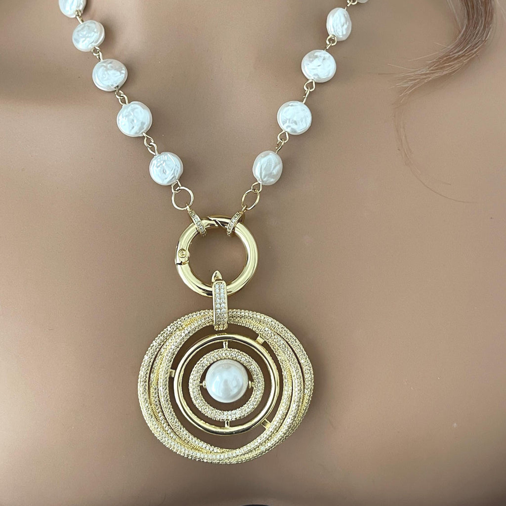 Gold Pearl Necklace-Large Gold Micro Pave Pendant- Pearl Center-Glass Coin Shape Pearl Chain-Spring Lock Clasp-Gift For Her-Wedding Jewelry