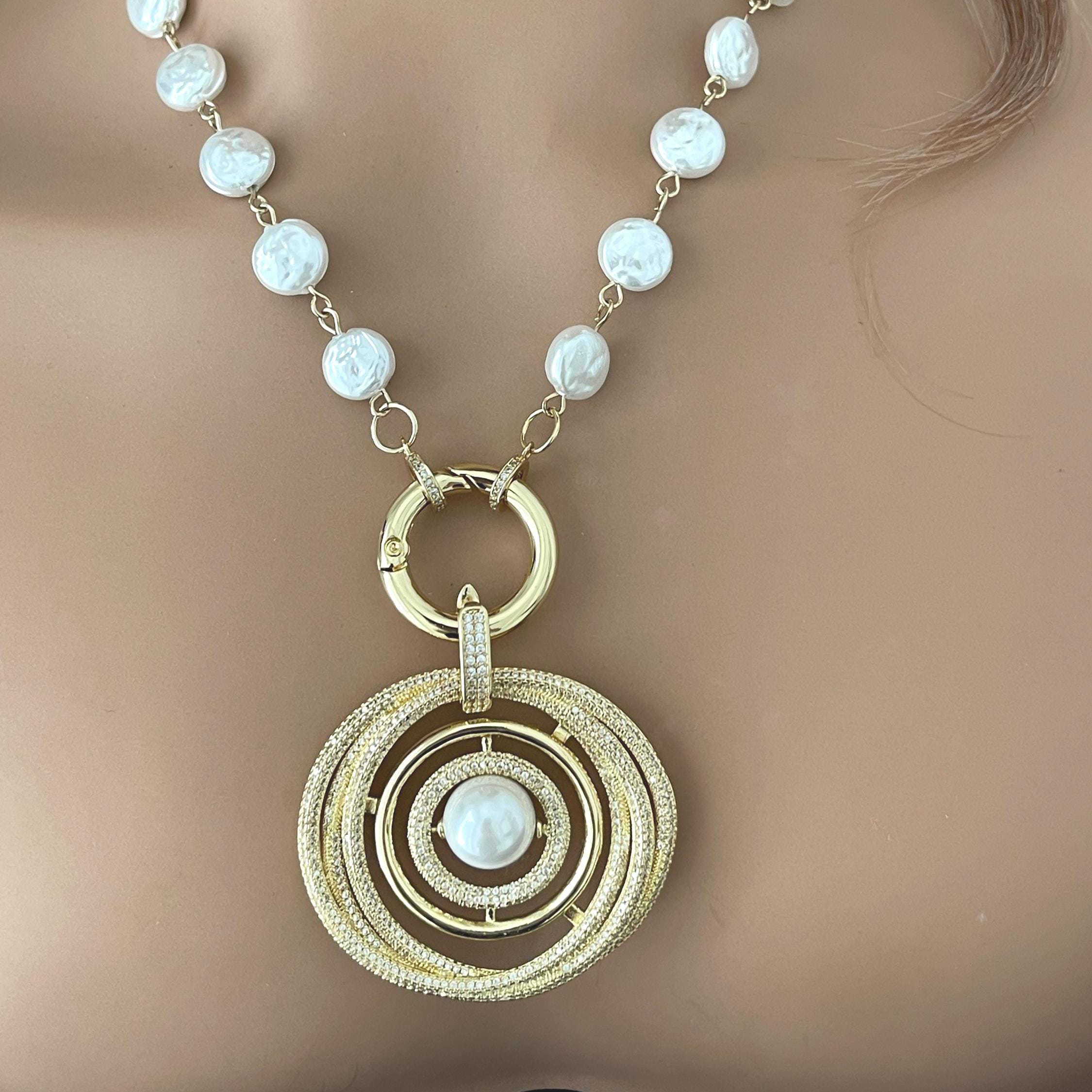 Gold Pave Pearl Pendant Necklace – Porcelain Coin Pearls, Spring Clasp