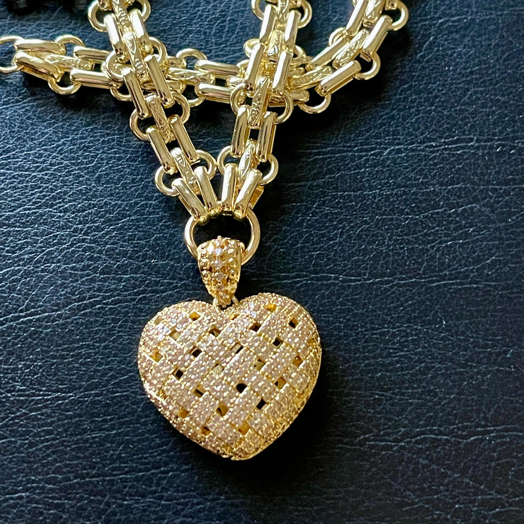 Gold Chunky Multilink Chain Necklace-Trellis Design Heart Pendant-Micro Pave Pendant-Gold Textured Chain Necklace-Lobster Clasp-Gift For Her