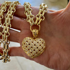 Gold Chunky Multilink Chain Necklace-Trellis Design Heart Pendant-Micro Pave Pendant-Gold Textured Chain Necklace-Lobster Clasp-Gift For Her
