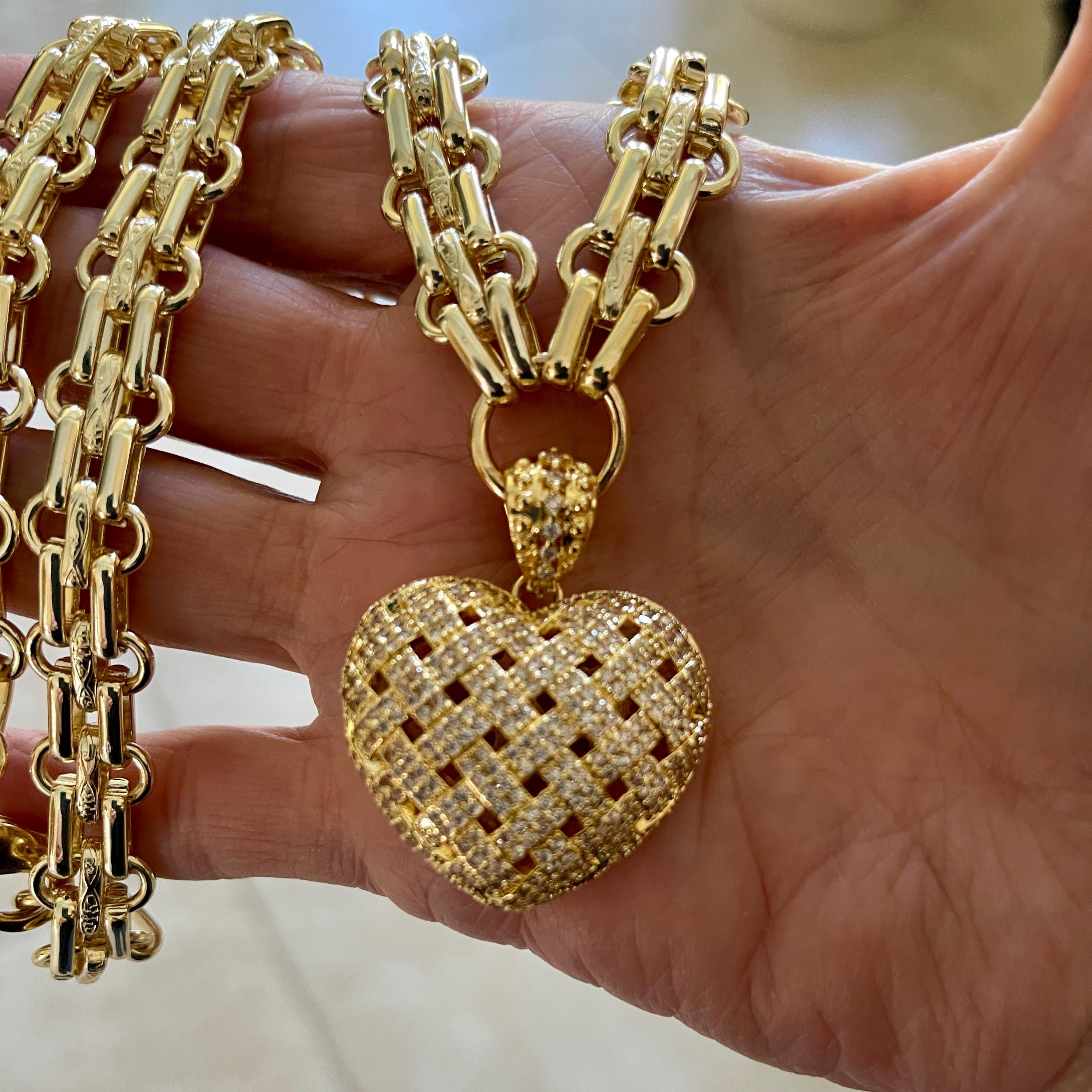 Gold Chunky Multilink Chain Necklace-Trellis Design Heart Pendant-Micro Pave Pendant-Gold Textured Chain Necklace-Lobster Clasp-Gift For Her