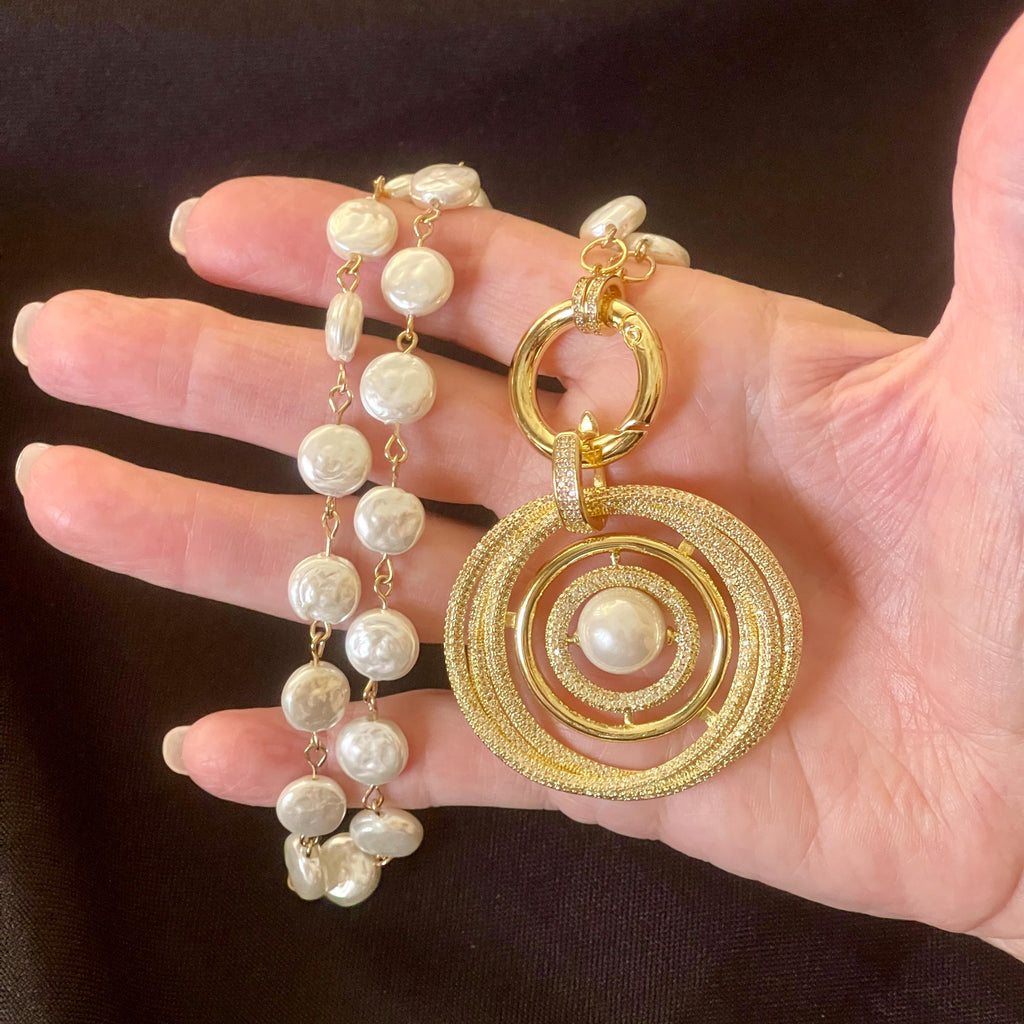 Gold Pave Pearl Pendant Necklace – Porcelain Coin Pearls, Spring Clasp