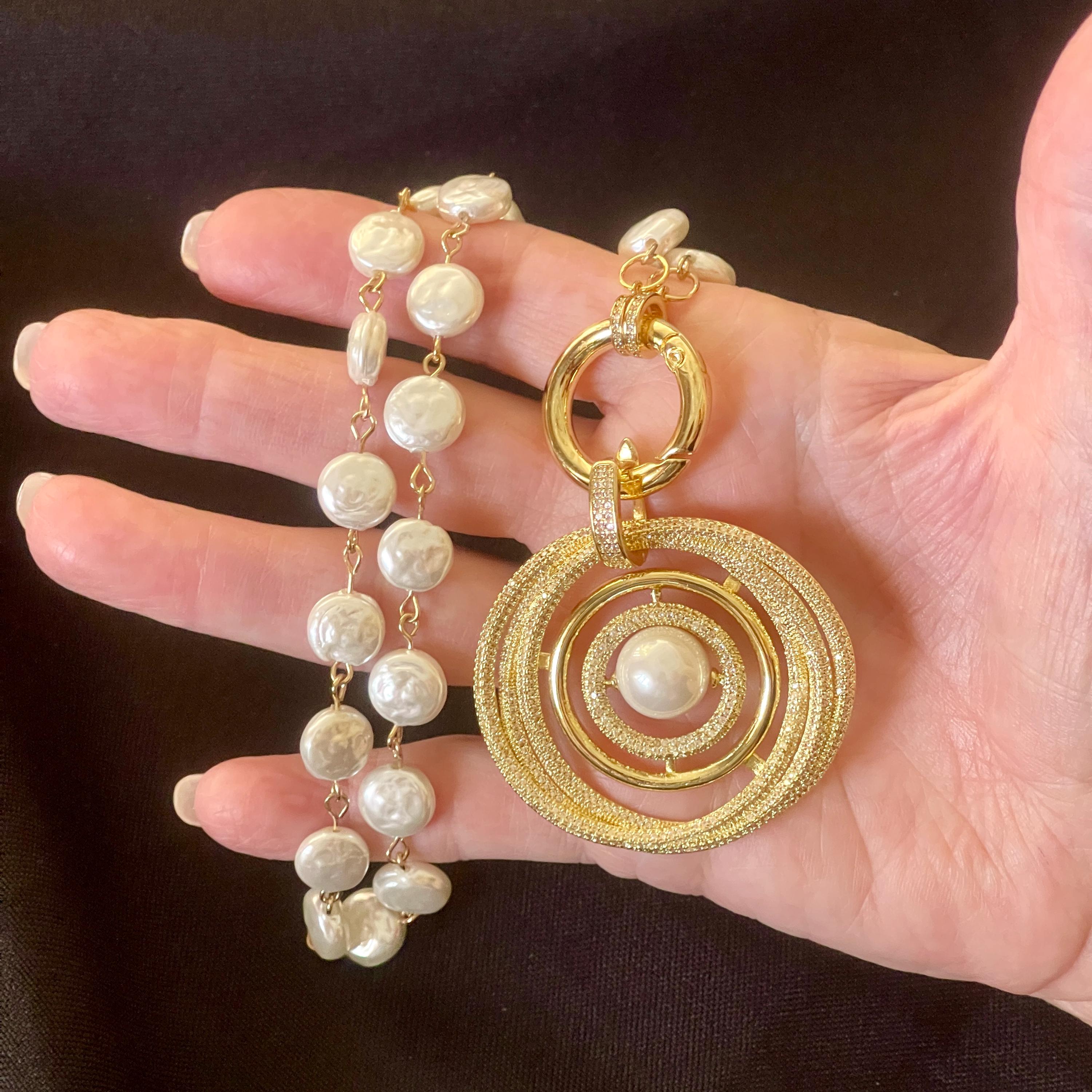 Gold Pave Pearl Pendant Necklace – Porcelain Coin Pearls, Spring Clasp