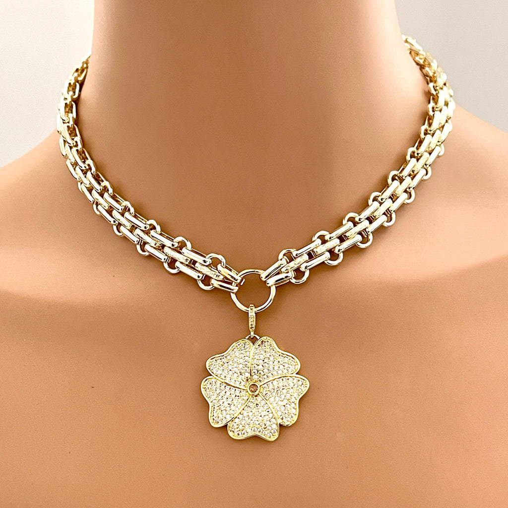 Gold Chunky Multilink Chain Necklace- Micro Pave Flower Pendant-CZ Charm-Gold Textured Chain Necklace-Lobster Clasp-Gift For Her