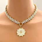 Gold Chunky Multilink Chain Necklace- Micro Pave Flower Pendant-CZ Charm-Gold Textured Chain Necklace-Lobster Clasp-Gift For Her