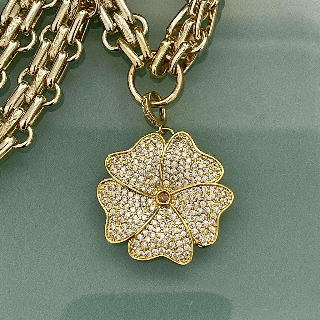 Gold Chunky Multilink Chain Necklace- Micro Pave Flower Pendant-CZ Charm-Gold Textured Chain Necklace-Lobster Clasp-Gift For Her