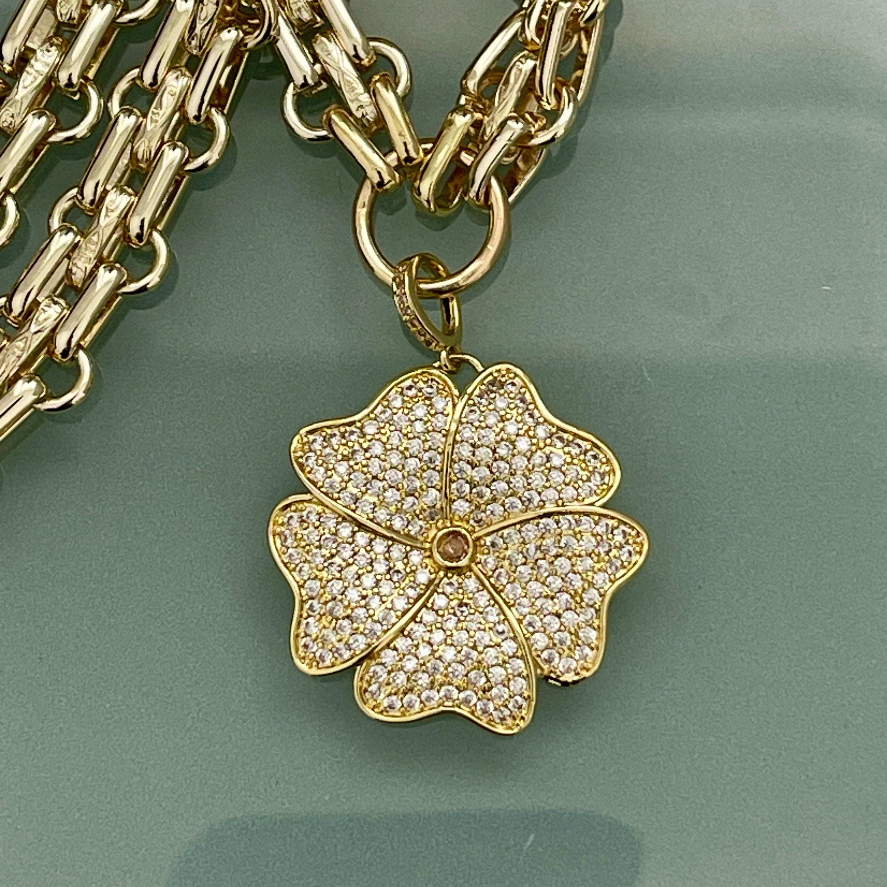 Gold Chunky Multilink Chain Necklace- Micro Pave Flower Pendant-CZ Charm-Gold Textured Chain Necklace-Lobster Clasp-Gift For Her