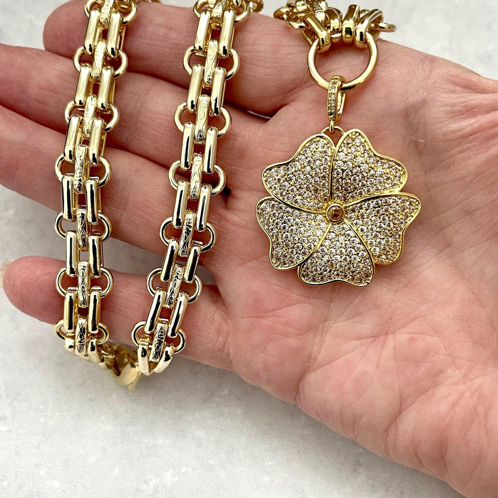 Gold Chunky Multilink Chain Necklace- Micro Pave Flower Pendant-CZ Charm-Gold Textured Chain Necklace-Lobster Clasp-Gift For Her