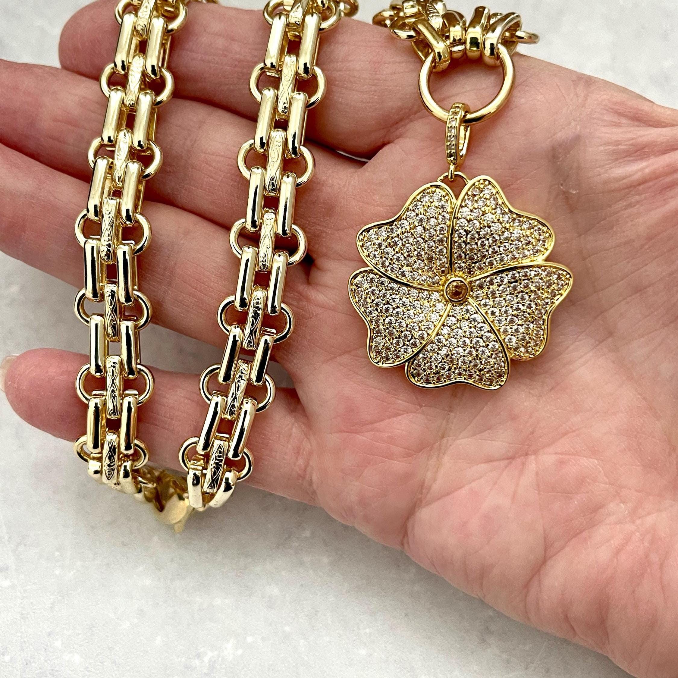Gold Chunky Multilink Chain Necklace- Micro Pave Flower Pendant-CZ Charm-Gold Textured Chain Necklace-Lobster Clasp-Gift For Her