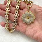 Gold Chunky Chain Necklace: Micro Pave CZ Flower Pendant