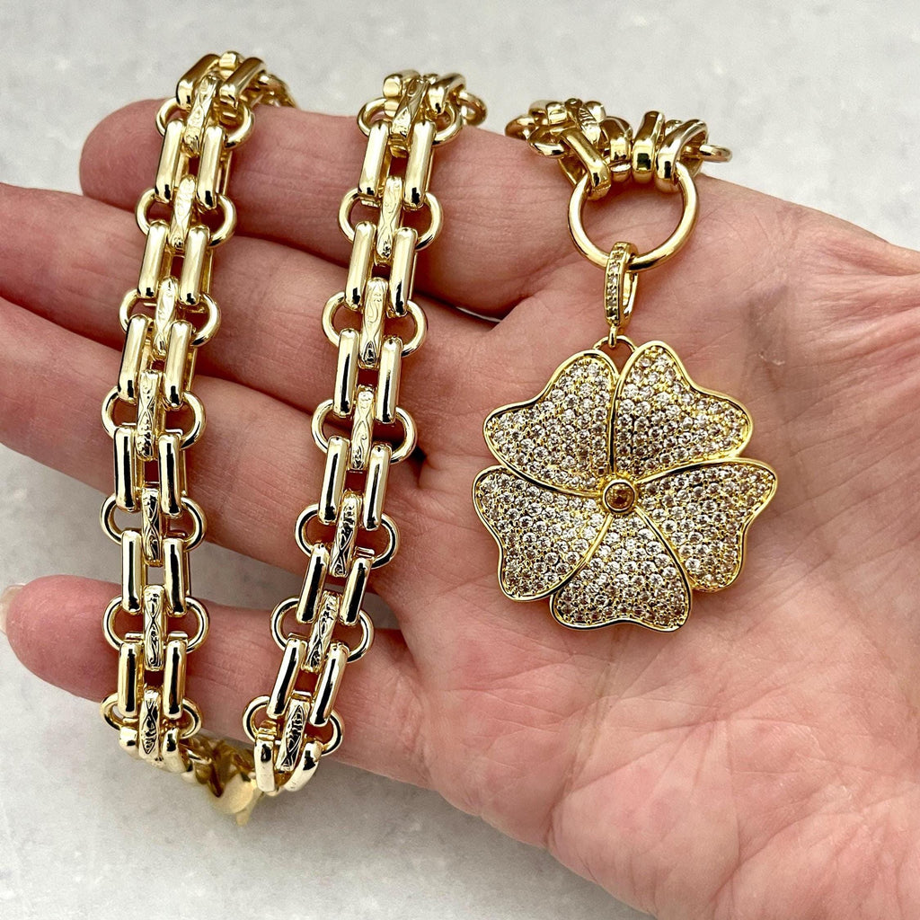 Gold Chunky Multilink Chain Necklace- Micro Pave Flower Pendant-CZ Charm-Gold Textured Chain Necklace-Lobster Clasp-Gift For Her