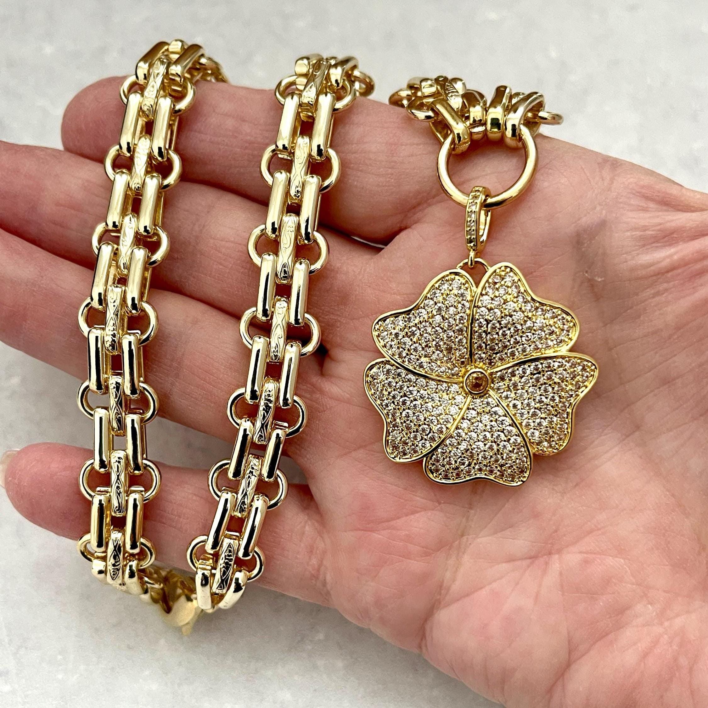 Gold Chunky Multilink Chain Necklace- Micro Pave Flower Pendant-CZ Charm-Gold Textured Chain Necklace-Lobster Clasp-Gift For Her