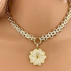 Gold Chunky Multilink Chain Necklace- Micro Pave Flower Pendant-CZ Charm-Gold Textured Chain Necklace-Lobster Clasp-Gift For Her