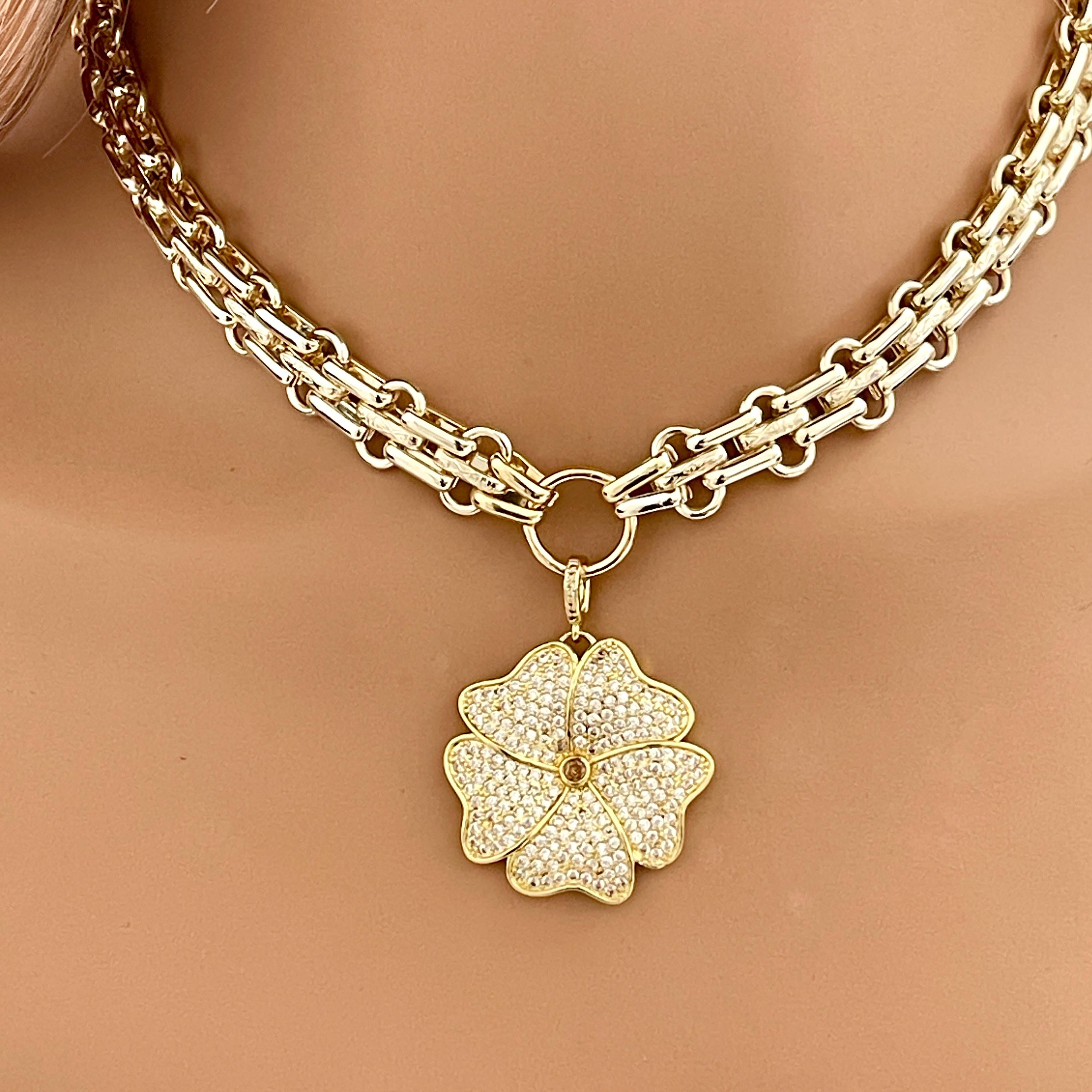 Gold Chunky Chain Necklace: Micro Pave CZ Flower Pendant