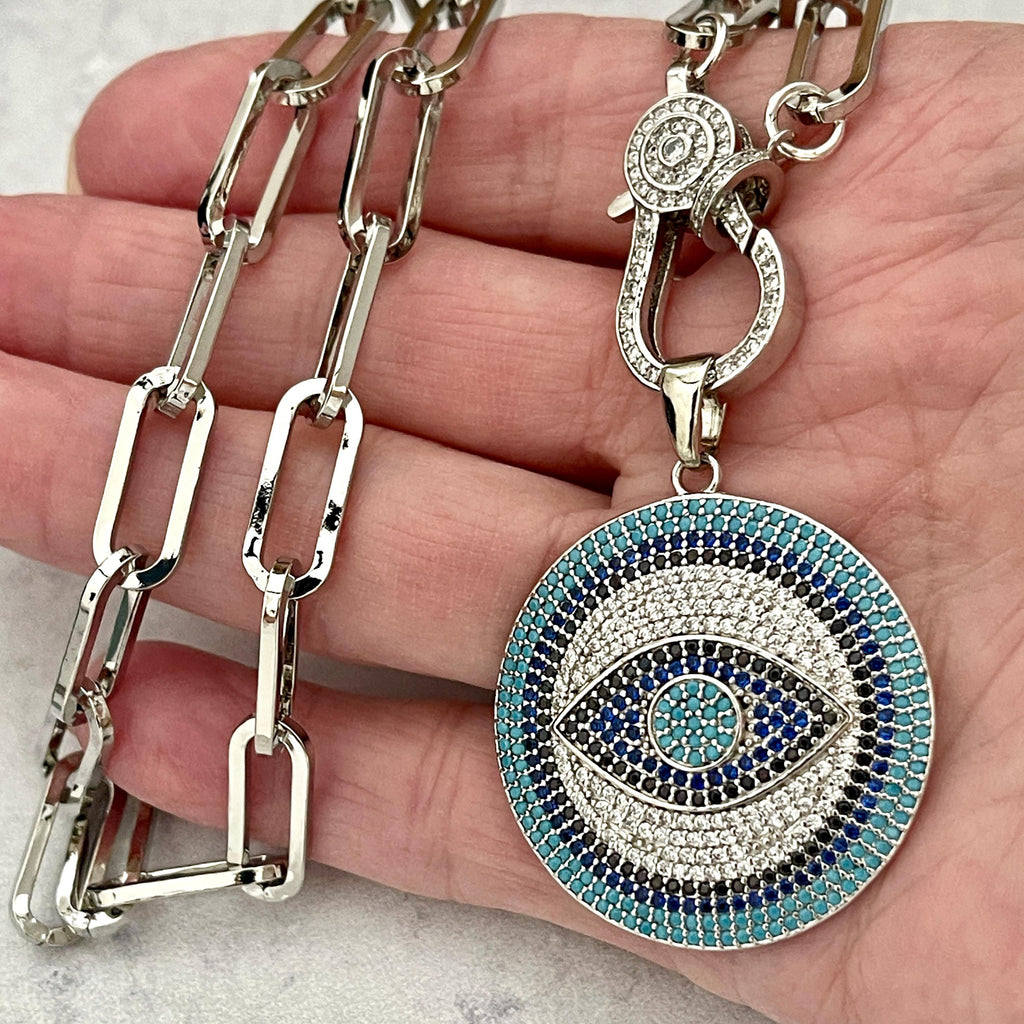 Silver Carabiner Chain Necklace-Pave Turquoise Evil Eye Pendant-Lobster Clasp Chain Jewelry-Stylish Chain Necklace-Paperclip Link Chain