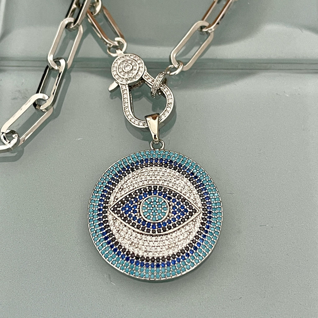 Silver Carabiner Chain Necklace-Pave Turquoise Evil Eye Pendant-Lobster Clasp Chain Jewelry-Stylish Chain Necklace-Paperclip Link Chain