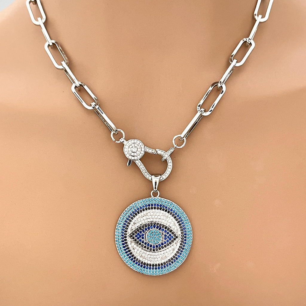 Silver Carabiner Chain Necklace-Pave Turquoise Evil Eye Pendant-Lobster Clasp Chain Jewelry-Stylish Chain Necklace-Paperclip Link Chain