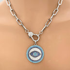 Silver Carabiner Chain Necklace-Pave Turquoise Evil Eye Pendant-Lobster Clasp Chain Jewelry-Stylish Chain Necklace-Paperclip Link Chain