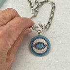 Silver Carabiner Chain Necklace-Pave Turquoise Evil Eye Pendant-Lobster Clasp Chain Jewelry-Stylish Chain Necklace-Paperclip Link Chain