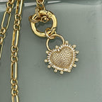 Gold Multilink Chain Necklace-Micro Pave Heart Pendant-Stylish Layering Chain Necklace-Spring Lock Clasp-Gift for Her