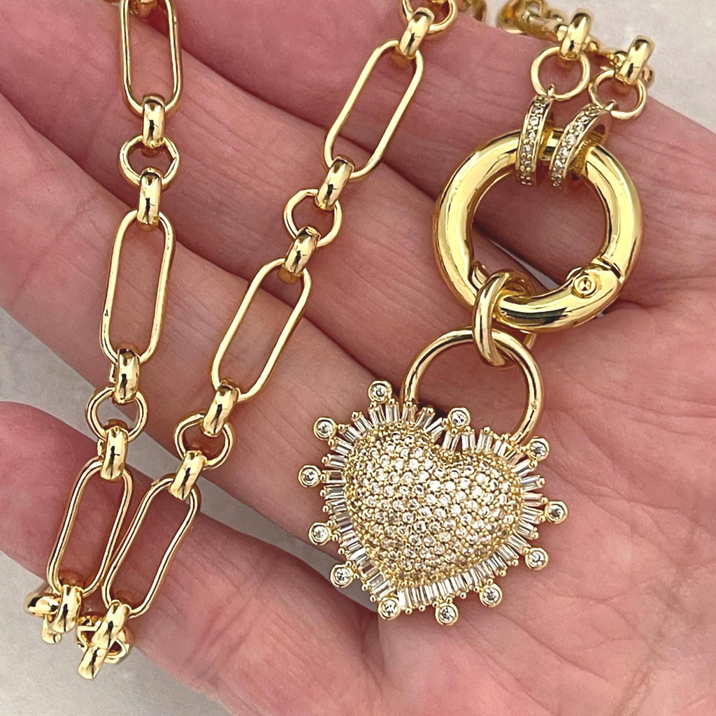 Gold Multilink Chain Necklace-Micro Pave Heart Pendant-Stylish Layering Chain Necklace-Spring Lock Clasp-Gift for Her