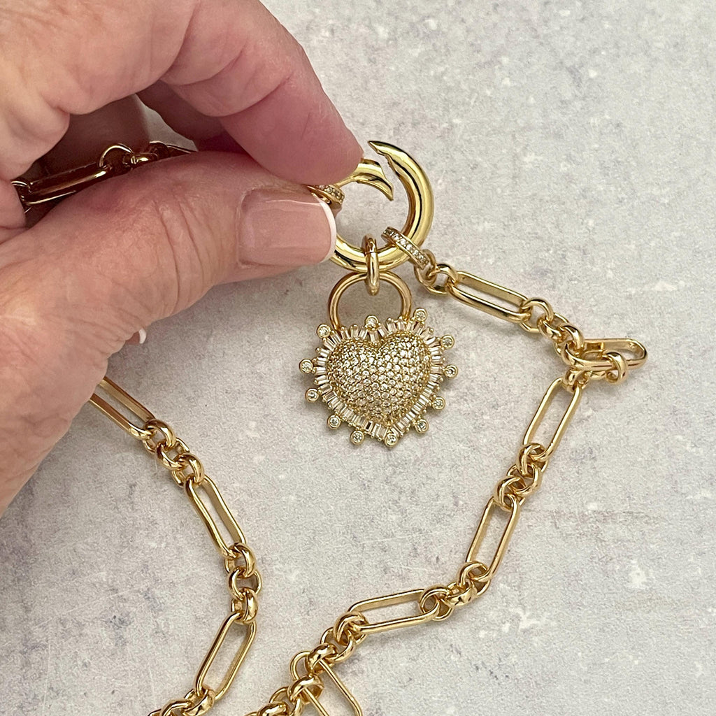 Gold Multilink Chain Necklace-Micro Pave Heart Pendant-Stylish Layering Chain Necklace-Spring Lock Clasp-Gift for Her