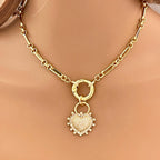 Gold Multilink Chain Necklace-Micro Pave Heart Pendant-Stylish Layering Chain Necklace-Spring Lock Clasp-Gift for Her