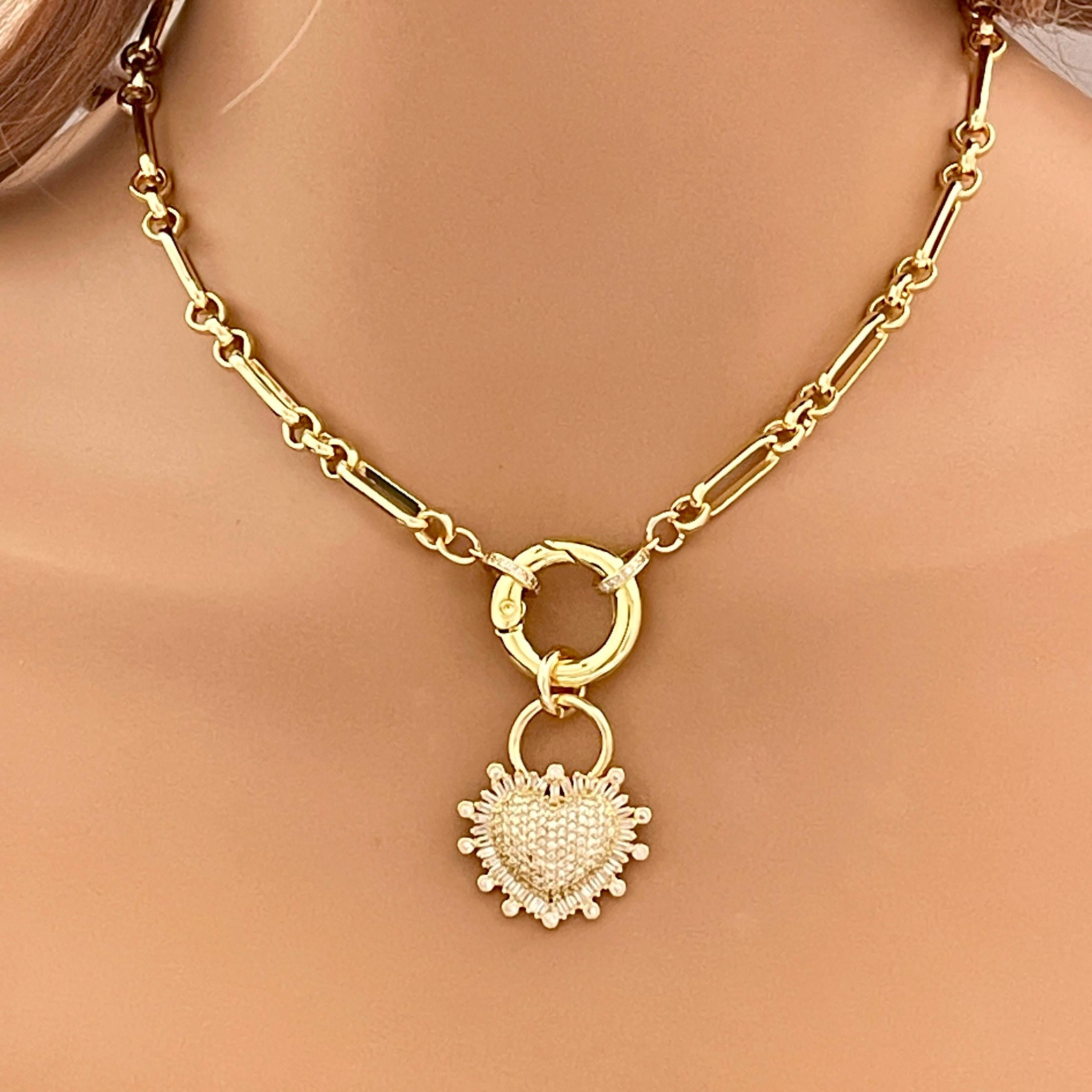 Gold Multilink Chain Necklace-Micro Pave Heart Pendant-Stylish Layering Chain Necklace-Spring Lock Clasp-Gift for Her