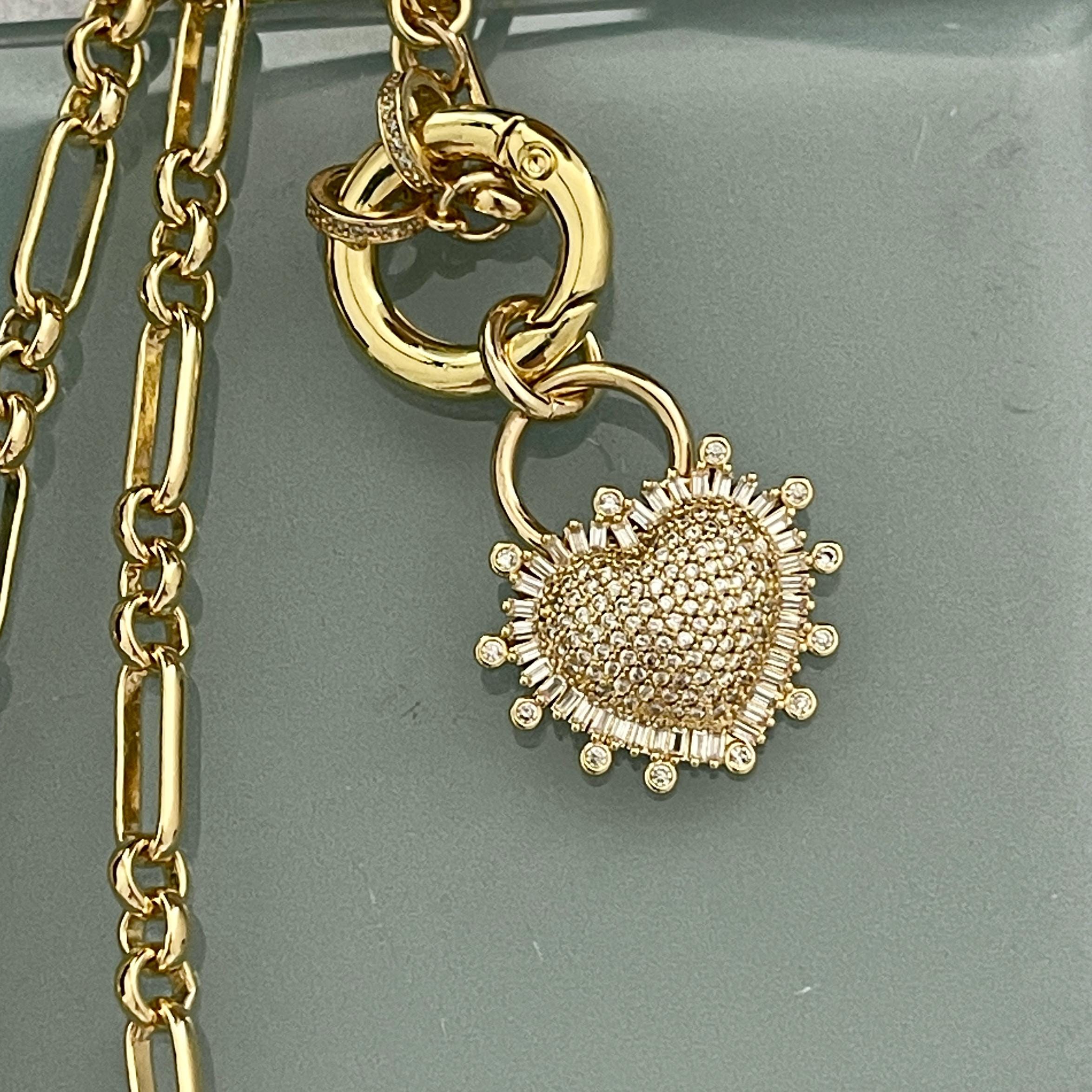 Gold Multilink Chain Necklace-Micro Pave Heart Pendant-Stylish Layering Chain Necklace-Spring Lock Clasp-Gift for Her