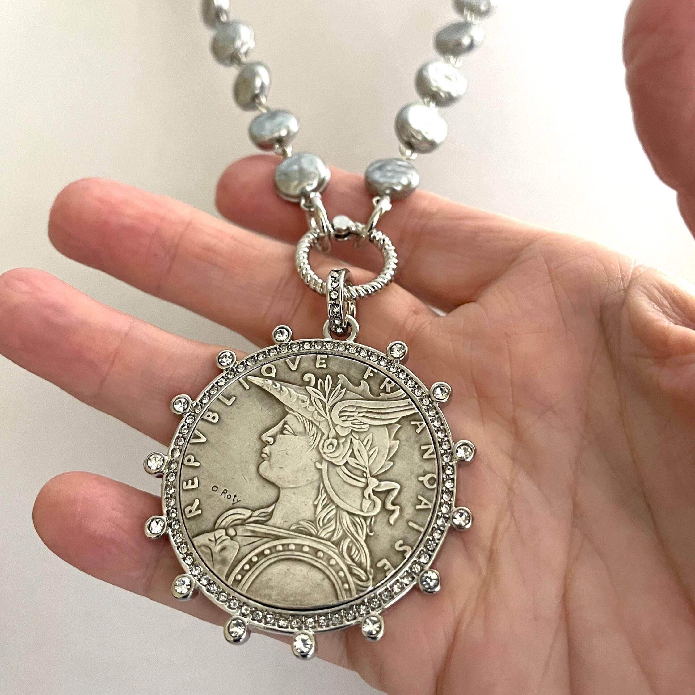 Silver Reproduction French Coin Necklace-Porcelain Coin Shape Pearl